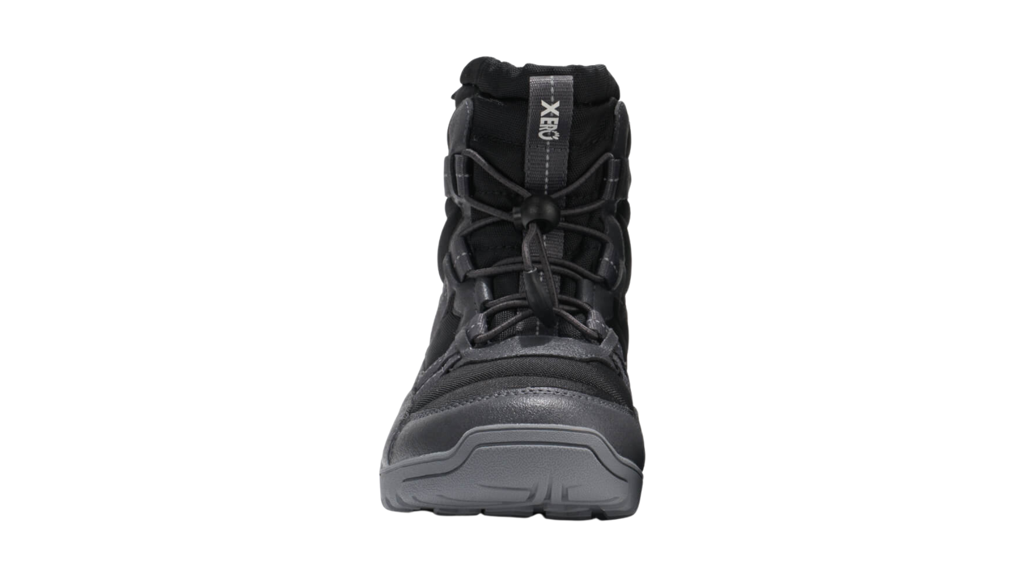 Barfußwinterstiefel als Einzelschuh, geschlossene Zehen und geschlossener Fersenbereich, Schnürung mit Kordelzug, profilierte Sohle, Vorderansicht