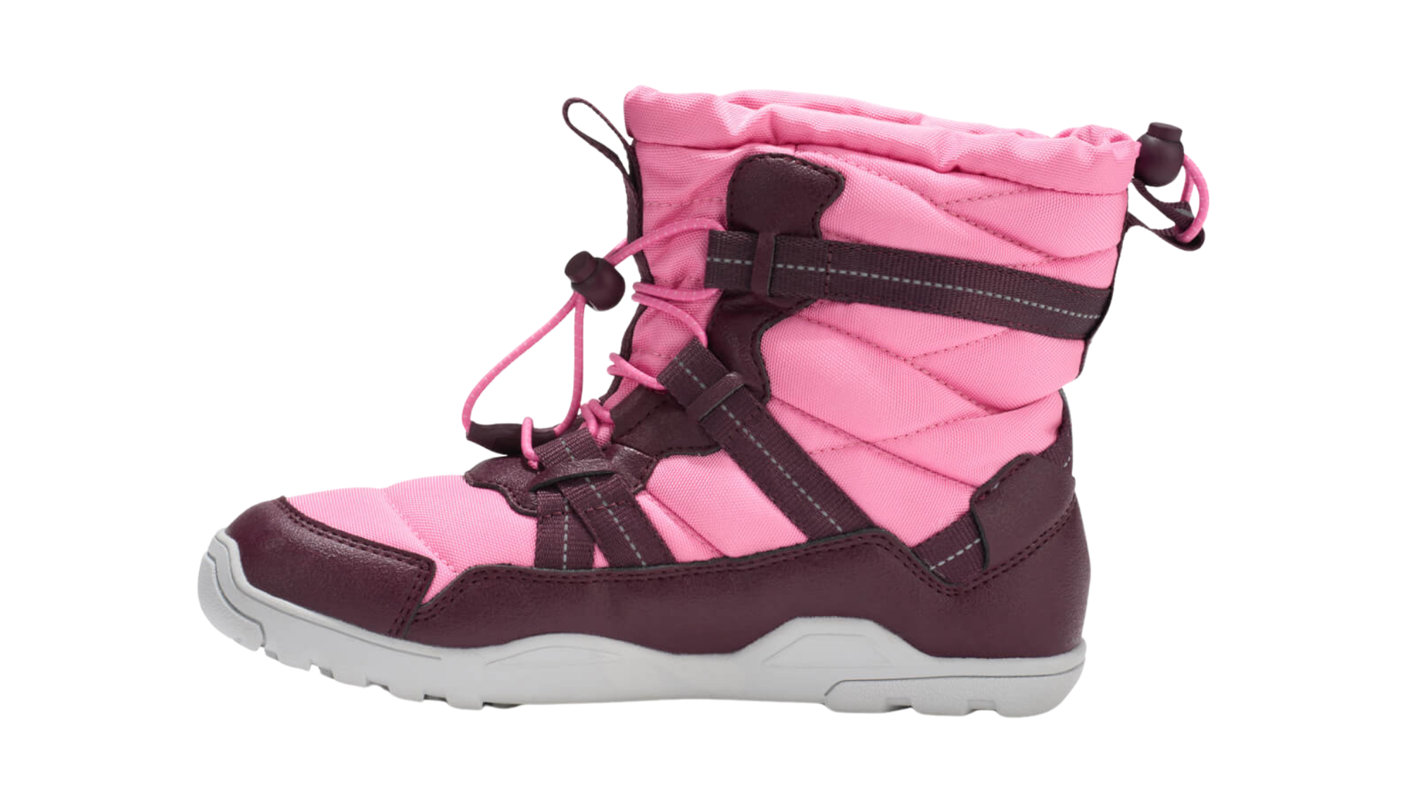 Barfußwinterstiefel als Einzelschuh, geschlossene Zehen und geschlossener Fersenbereich, Schnürung mit Kordelzug, profilierte Sohle, Seitenansicht innen