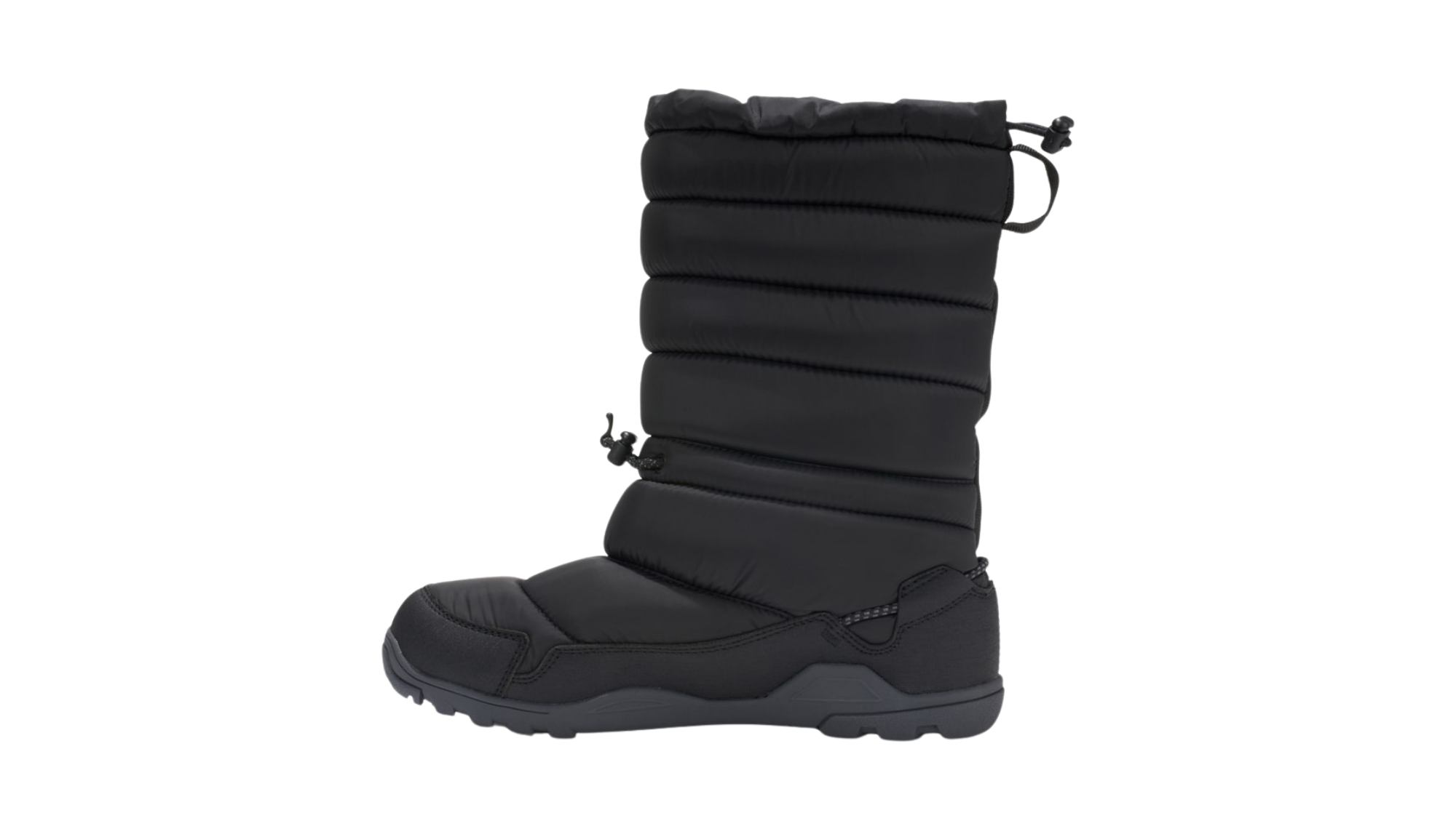 Barfußwinterstiefel als Einzelschuh, geschlossene Zehen und geschlossener Fersenbereich, Kordelzug am Schaft, profilierte Sohle, Seitenansicht innen