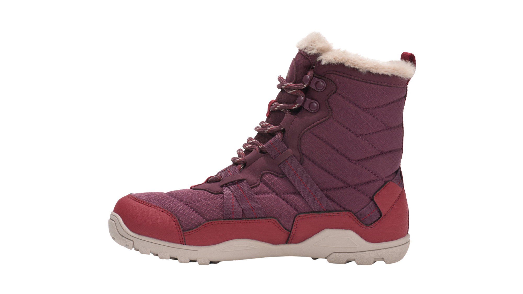 Barfußwinterstiefel, geschlossene Zehen und geschlossener Fersenbereich, Schnürung mit Ösen, profilierte Sohle, Einzelschuh, Seitenansicht innen