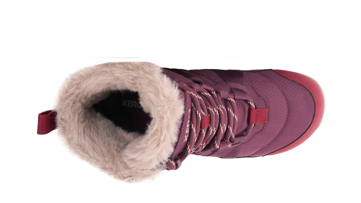 Barfußwinterstiefel, geschlossene Zehen und geschlossener Fersenbereich, Schnürung mit Ösen, profilierte Sohle, Einzelschuh, Draufsicht