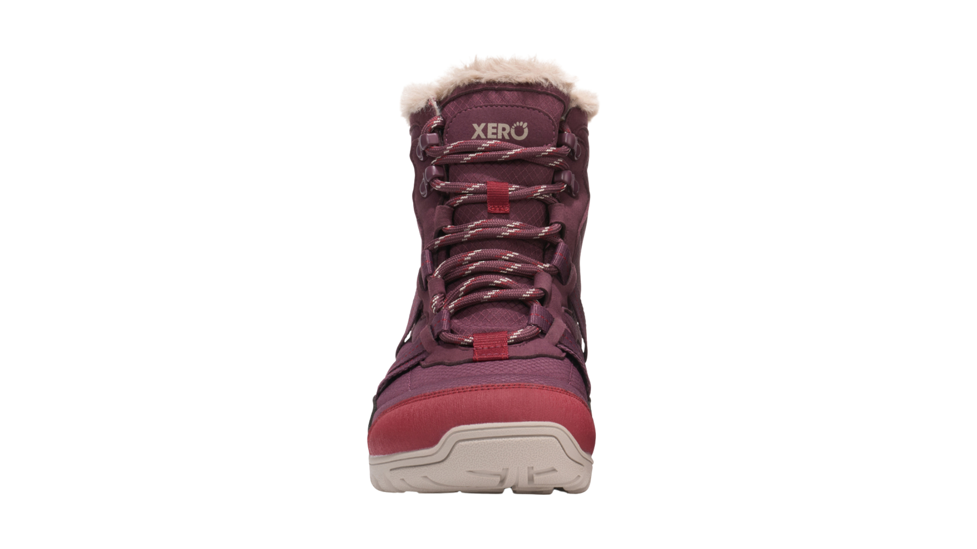 Barfußwinterstiefel, geschlossene Zehen und geschlossener Fersenbereich, Schnürung mit Ösen, profilierte Sohle, Einzelschuh, Vorderansicht