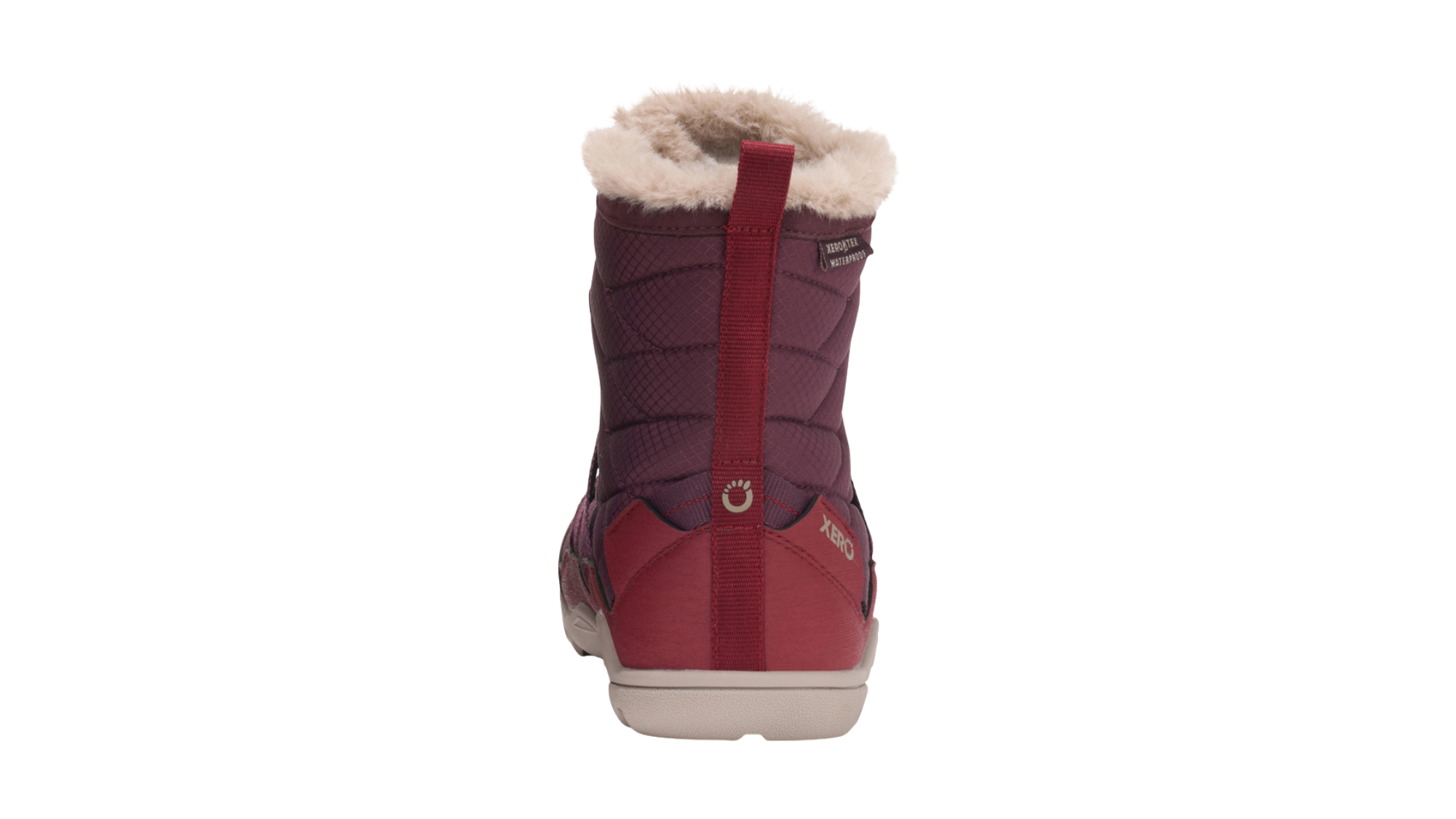 Barfußwinterstiefel, geschlossene Zehen und geschlossener Fersenbereich, Schnürung mit Ösen, profilierte Sohle, Einzelschuh, Rückansicht