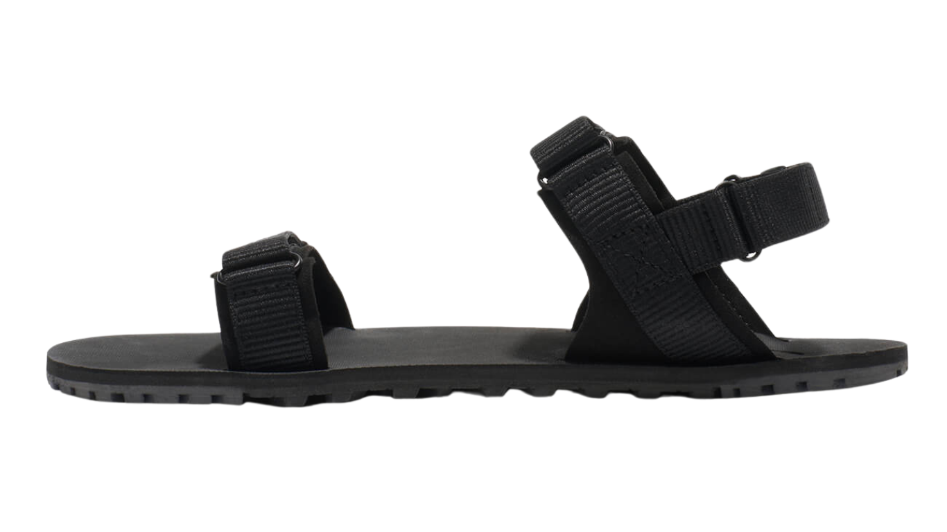 Barfußsandale für Erwachsene als einzelner Schuh, offene Zehen, offener Fersenbereich, Riemenkonstruktion mit Klettverschluss, Seitenansicht innen.