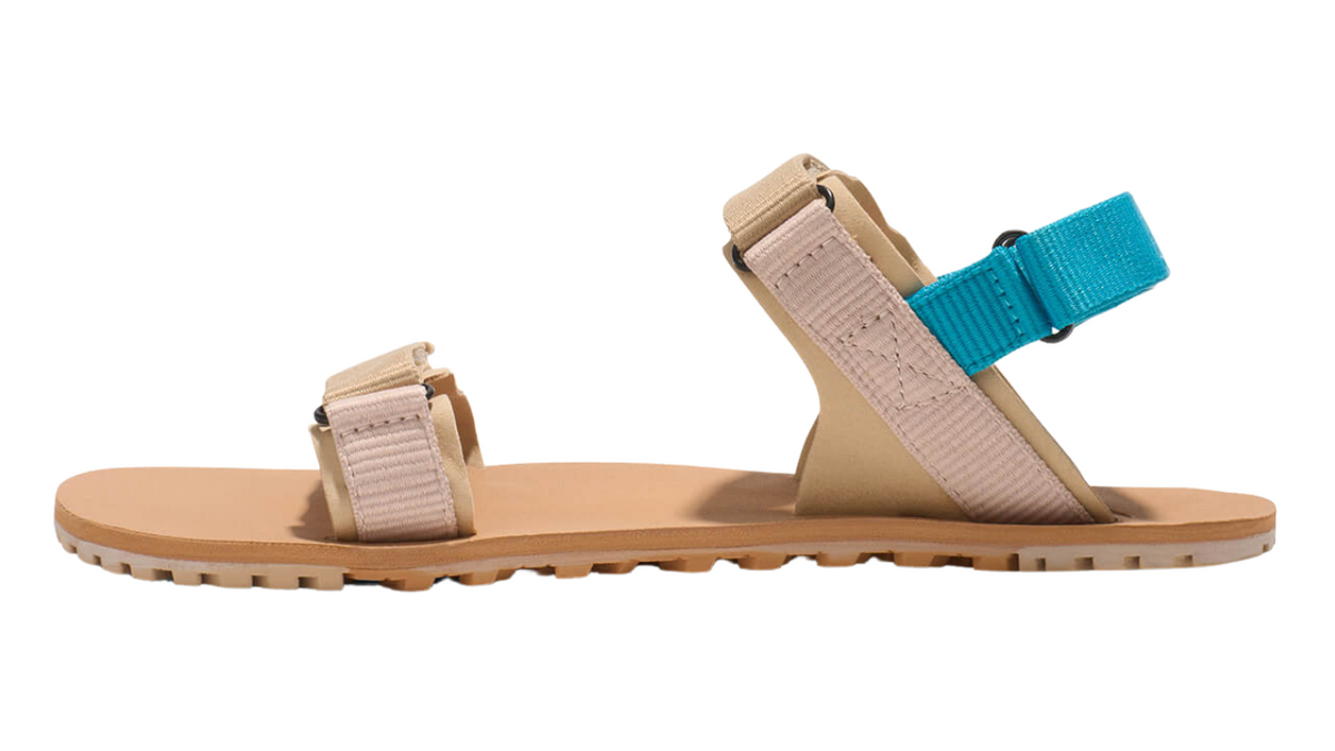 Barfußsandale für Erwachsene als einzelner Schuh, offene Zehen, offener Fersenbereich, Riemenkonstruktion mit Klettverschluss, Seitenansicht innen.