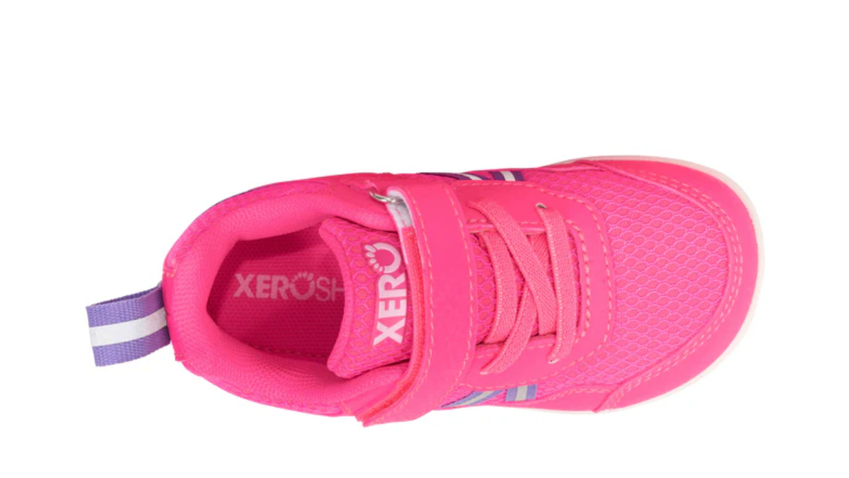Barfußschuh für Kinder als Einzelschuh, geschlossene Zehen und geschlossener Fersenbereich, Klettverschluss und Schnürung, flexible Sohle, Draufsicht