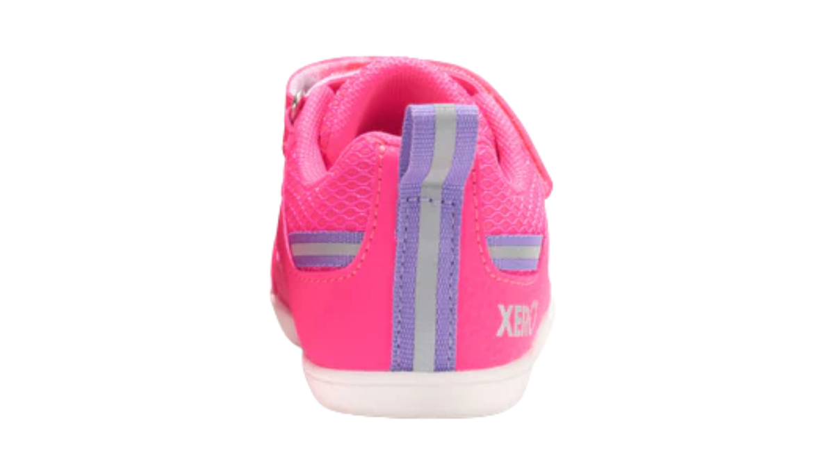 Barfußschuh für Kinder als Einzelschuh, geschlossene Zehen und geschlossener Fersenbereich, Klettverschluss und Schnürung, flexible Sohle, Rückansicht