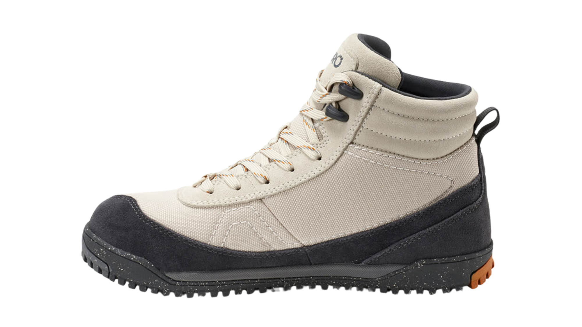 Barfußwanderstiefel, geschlossene Zehen und geschlossener Fersenbereich, Schnürung mit Ösen, profilierte Sohle, Einzelschuh, Seitenansicht innen