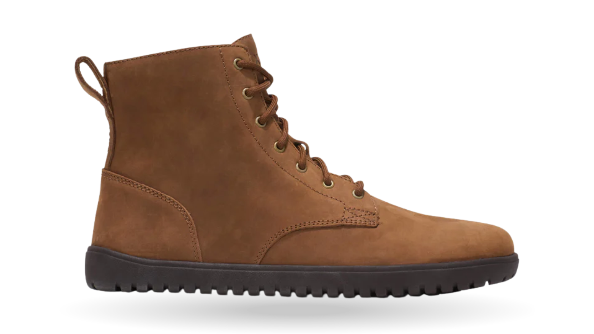 Barfußstiefel für Erwachsene mit Schnürung, breiter Zehenbox und profilierter Sohle, Seitenansicht außen