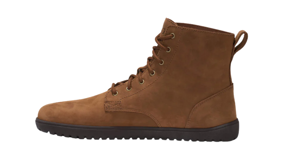 Barfußstiefel für Erwachsene mit Schnürung, breiter Zehenbox und profilierter Sohle, Seitenansicht innen