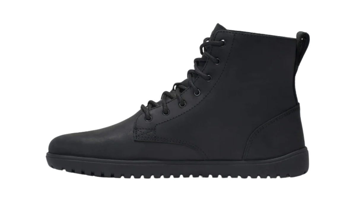Barfußstiefel für Erwachsene mit Schnürung, breiter Zehenbox und profilierter Sohle, Seitenansicht innen