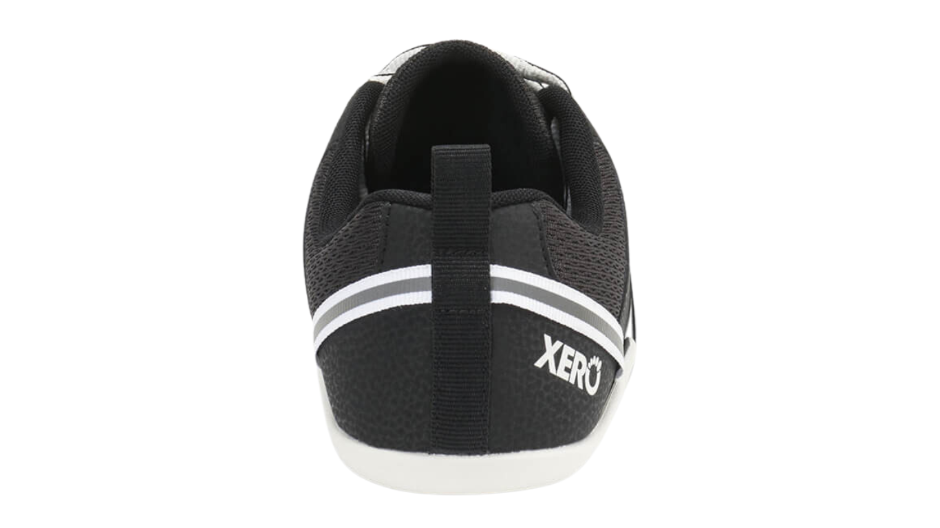 Barfußschuh mit Schnürung, breite Zehenbox, flexible Sohle, geschlossener Fersenbereich, Rückansicht, einzelner Schuh