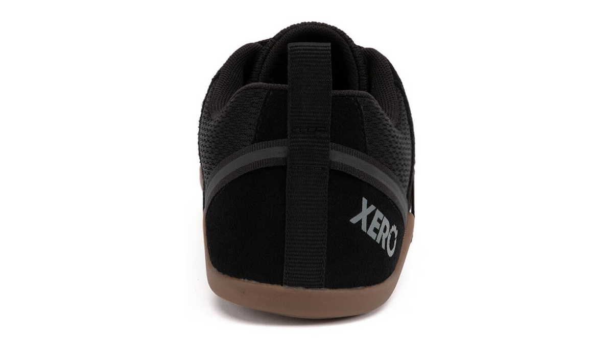 Barfußschuh mit Schnürung, breite Zehenbox, flexible Sohle, geschlossener Fersenbereich, Rückansicht, einzelner Schuh