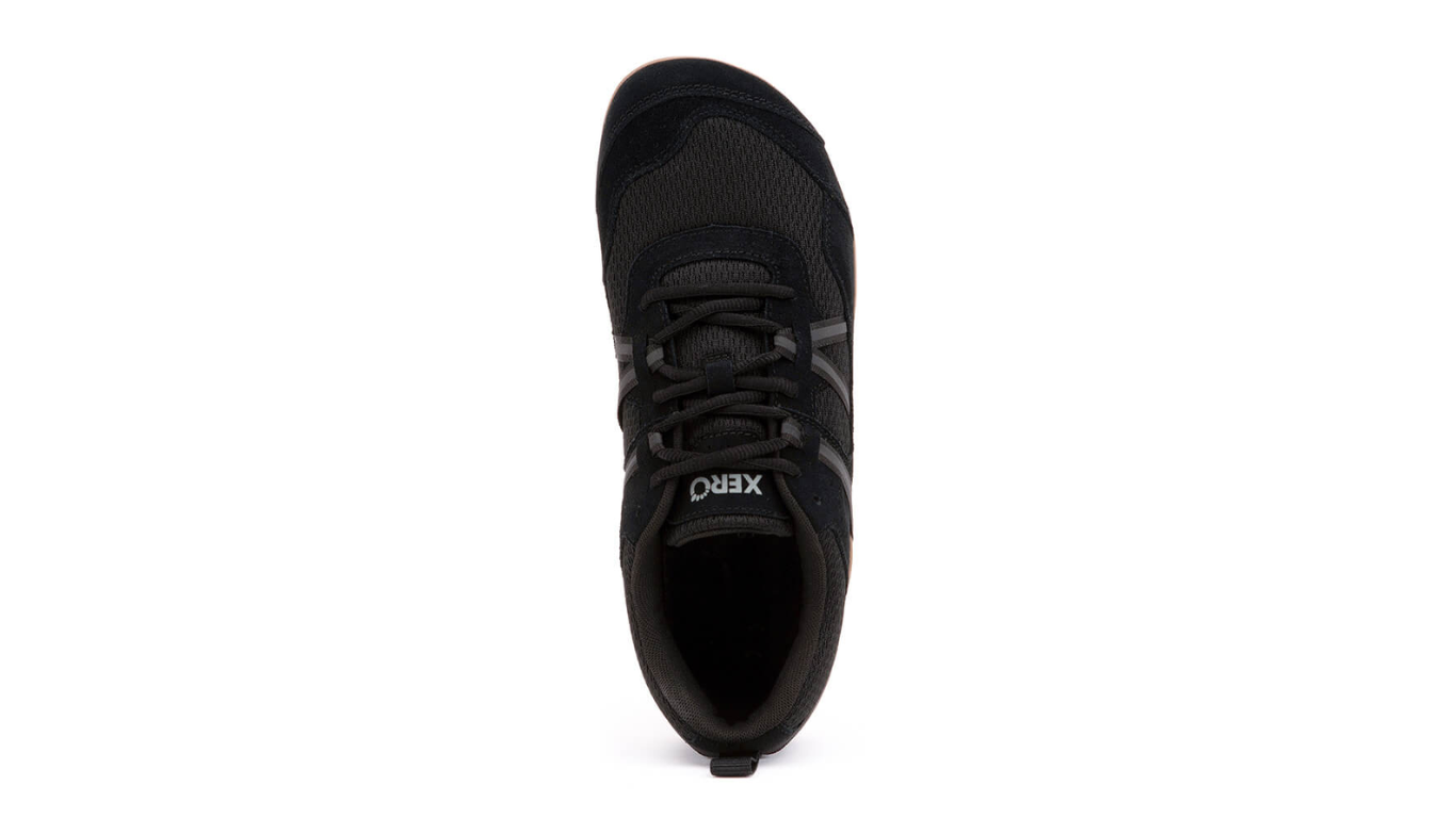 Barfußschuh mit Schnürung, breite Zehenbox, flexible Sohle, geschlossener Fersenbereich, Draufsicht, einzelner Schuh