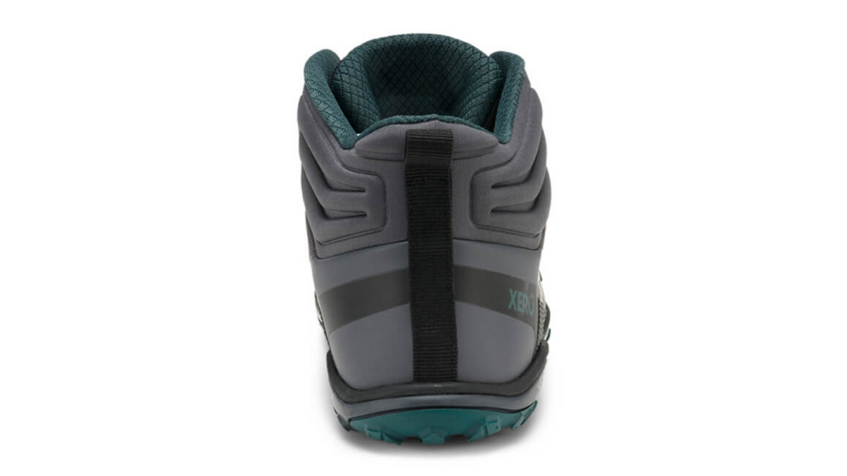 Knöchelhoher Barfußwanderschuh für Erwachsene als einzelner Schuh, geschlossener Fersenbereich, Rückansicht.