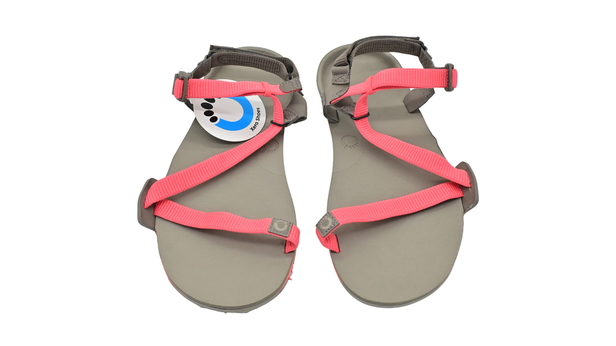 Barfußsandalen für Erwachsene als Paar mit Zehensteg, verstellbaren Riemen und offener Ferse, Draufsicht