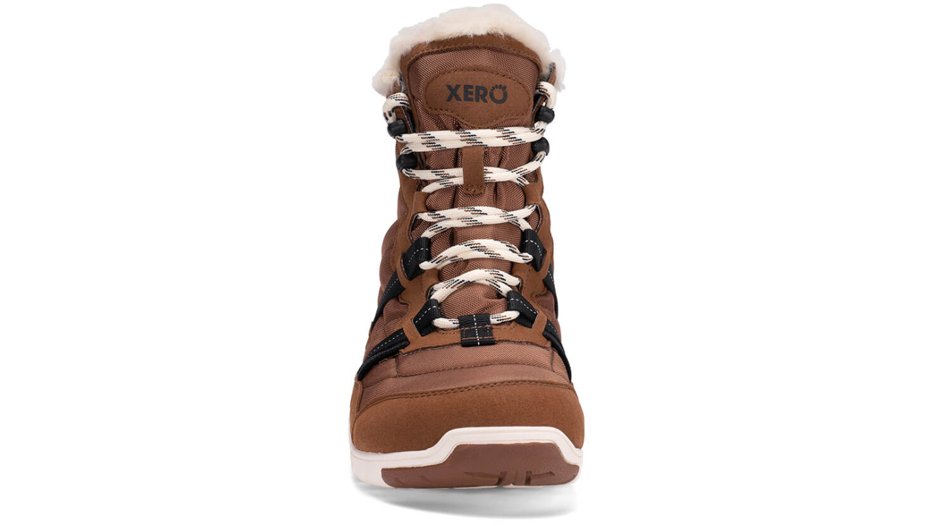 Barfußwinterstiefel, geschlossene Zehen und geschlossener Fersenbereich, Schnürung mit Ösen, profilierte Sohle, Einzelschuh, Vorderansicht