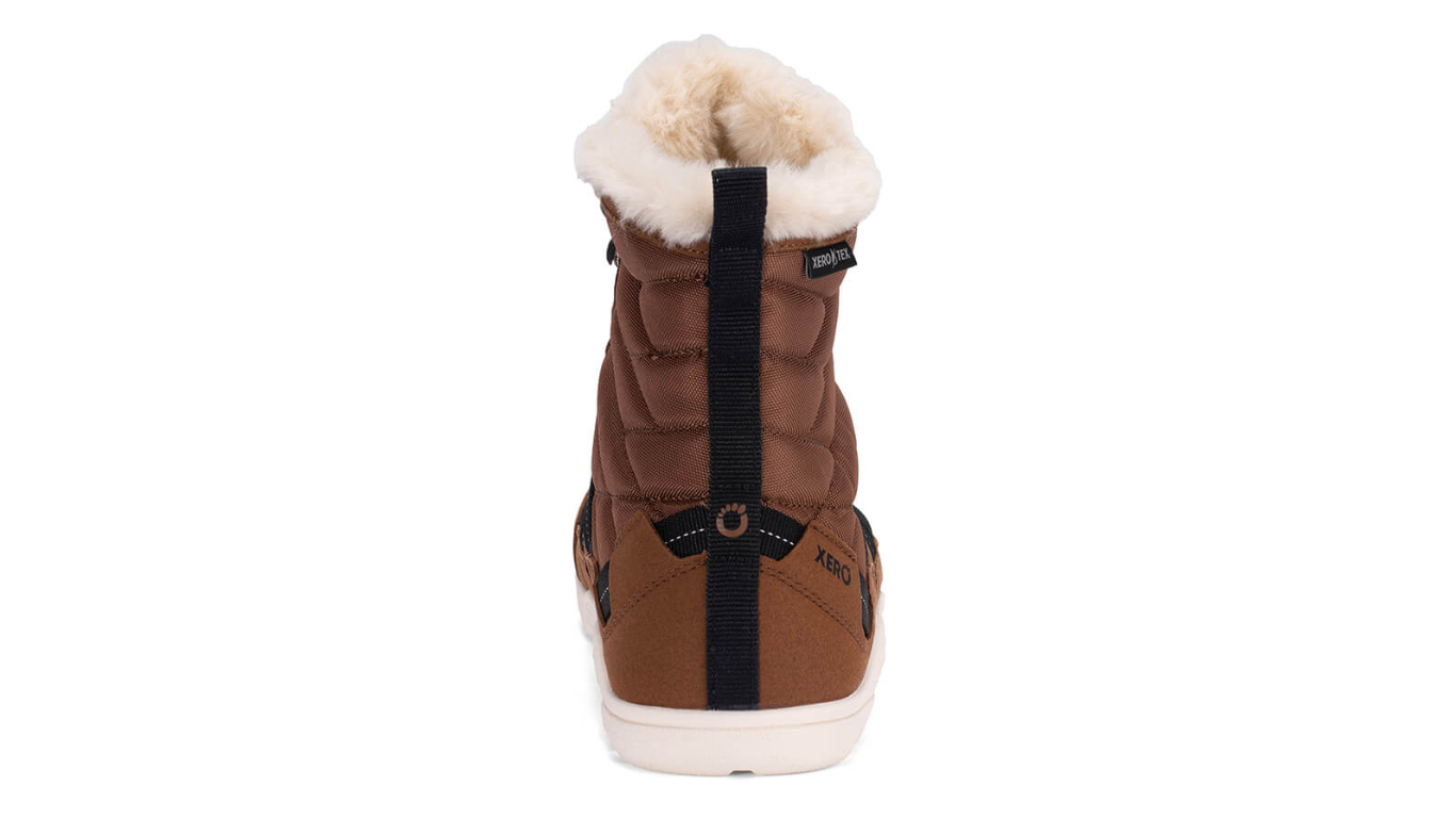 Barfußwinterstiefel, geschlossene Zehen und geschlossener Fersenbereich, Schnürung mit Ösen, profilierte Sohle, Einzelschuh, Rückansicht