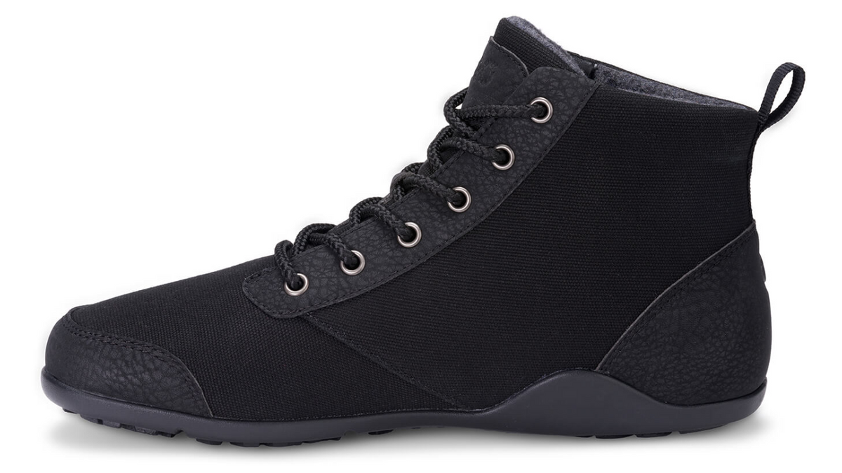 Barfußstiefel mit Schnürung, breite Zehenbox, flexible Sohle, geschlossener Schaft, geschlossener Fersenbereich, Seitenansicht innen, einzelner Schuh