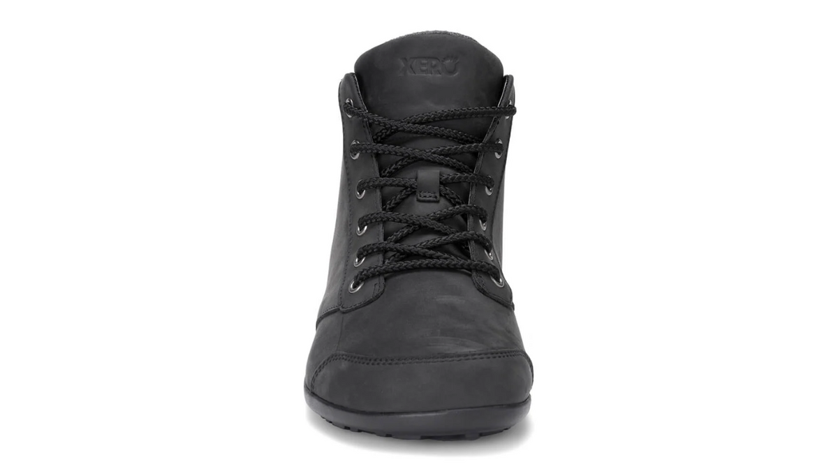Barfußstiefel mit Schnürung, breite Zehenbox, flexible Sohle, geschlossener Schaft, geschlossener Fersenbereich, Vorderansicht