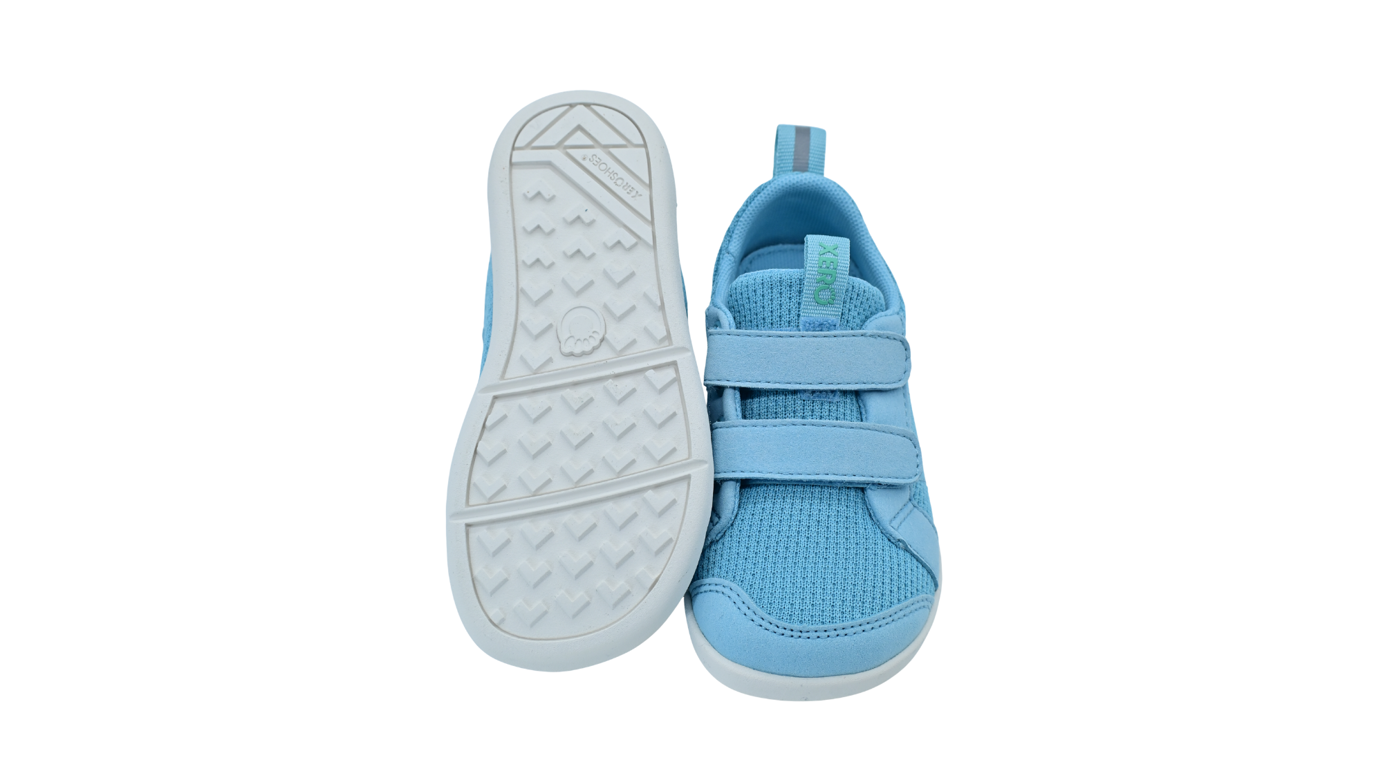 Kinder-Barfußsneaker mit zwei Klettverschlüssen, Mesh-Obermaterial und geschlossener Zehenpartie, Ansicht von unten und Draufsicht als Paar