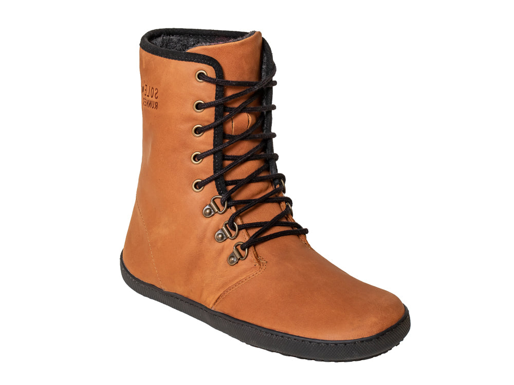 Barfußwinterstiefel für Erwachsene mit Schnürung und geschlossenem Schaft, schräge Vorderansicht