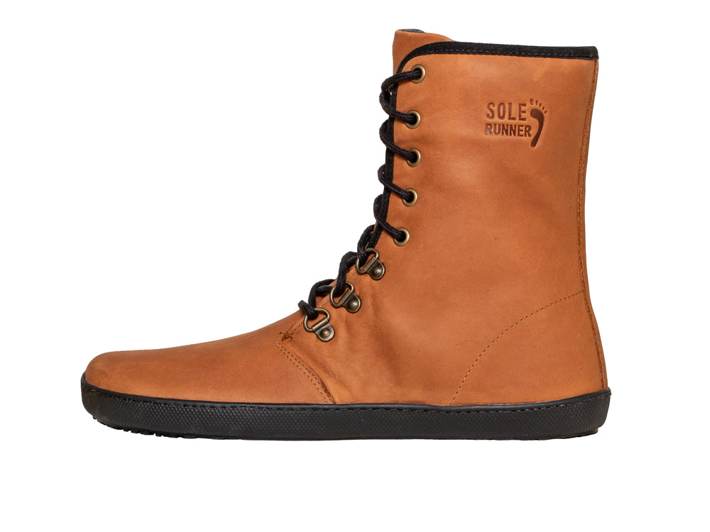 Barfußwinterstiefel für Erwachsene mit Schnürung, breiter Zehenbox und geschlossenem Schaft, Seitenansicht außen