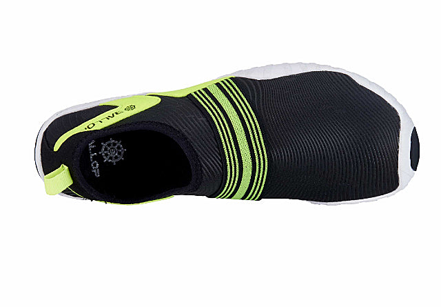 Barfußschuh, Draufsicht. Geschlossener Schuh mit elastischem Spannband über dem Spann, runde Zehenform sichtbar.