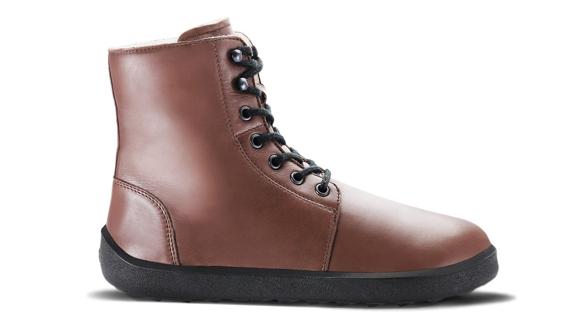 Barfußwinterschuh für Erwachsene, knöchelhoch, breite Zehenbox, geschlossene Zehen, geschlossene Ferse, flexible Sohle, Seitenansicht außen