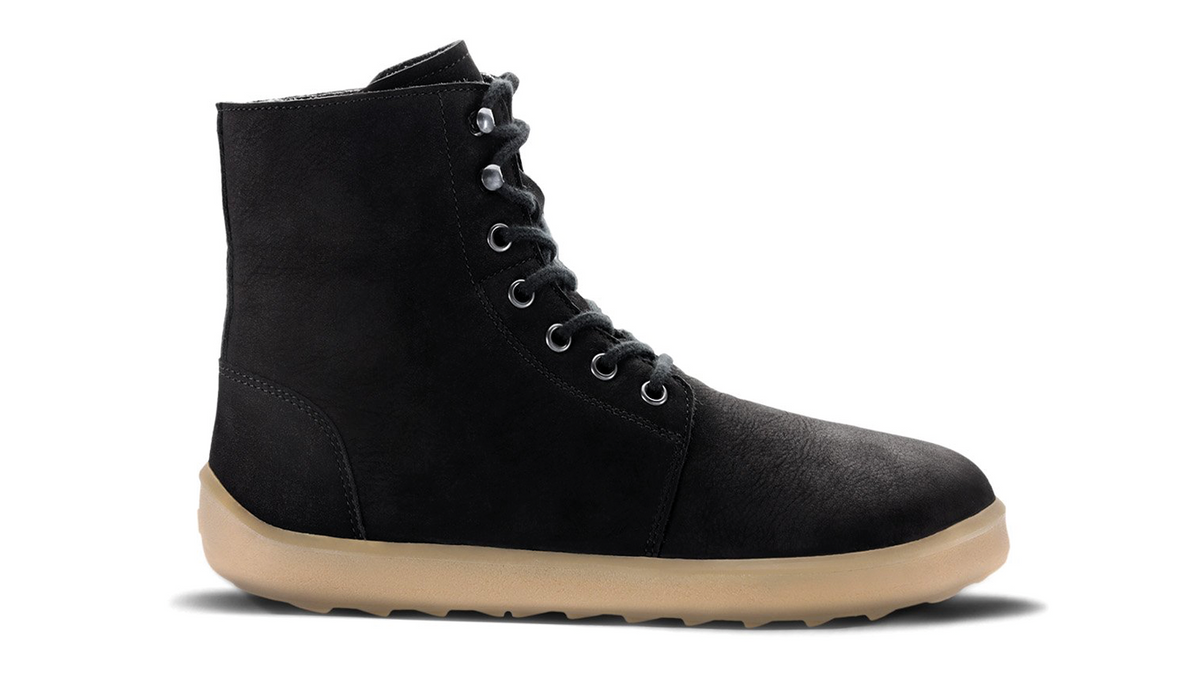 Barfußwinterschuh für Erwachsene, knöchelhoch, breite Zehenbox, geschlossene Zehen, geschlossene Ferse, flexible Sohle, Seitenansicht außen