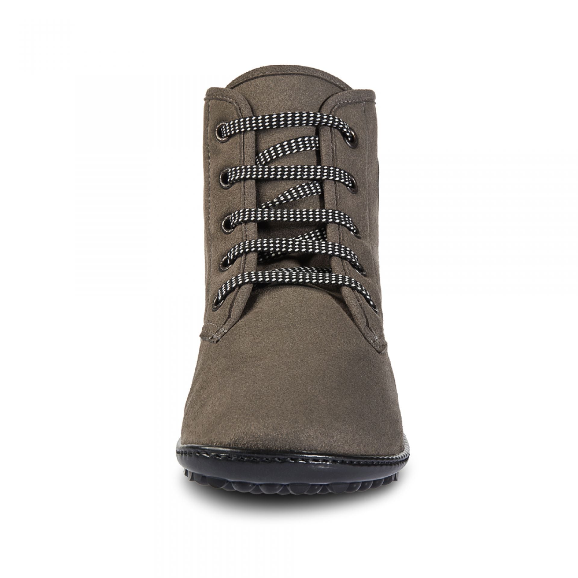 Barfußschuh mit Schnürsenkeln, geschlossener Zehenbox und geschlossenem Fersenbereich, flexible profilierte Sohle, Vorderansicht