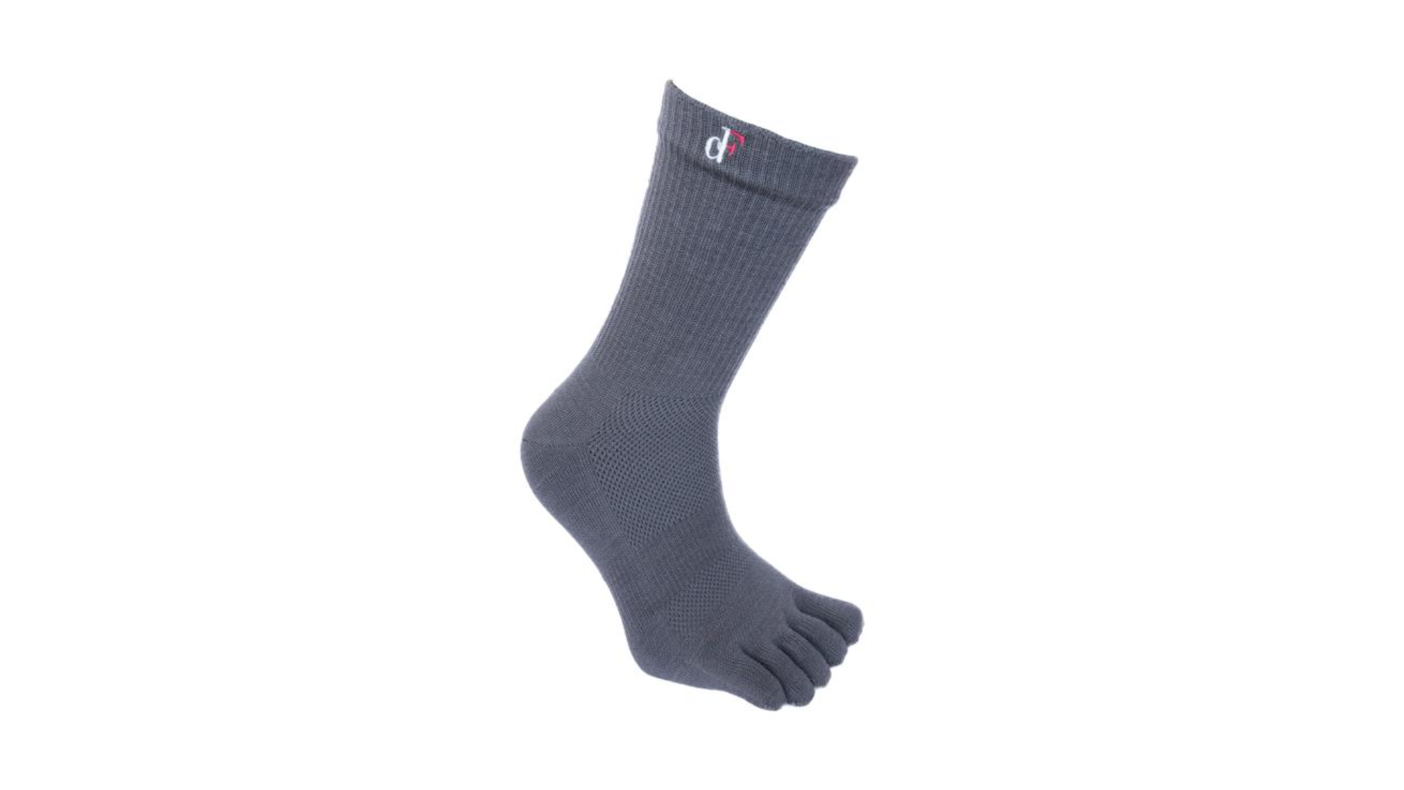 Zehensocken für Erwachsene, fünf einzelne Zehenkammern, gerippter Schaft, elastischer Bund, schräge Vorderansicht