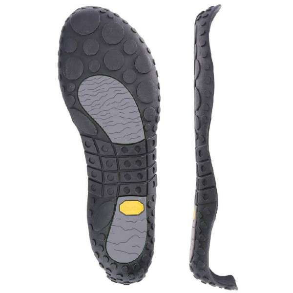 Barfußschuh mit flexibler Laufsohle, runde Profilpunkte und strukturierte Zonen, Ansicht von unten und Seitenansicht