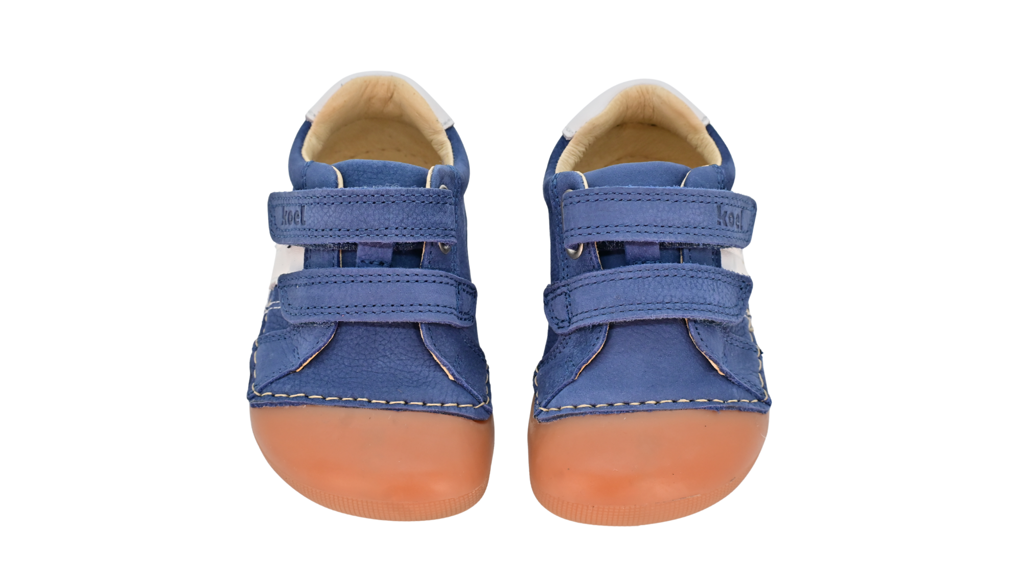 Barfußschuh für Kinder, geschlossene Zehenpartie, geschlossener Fersenbereich, zwei Klettverschlüsse, seitliche Streifen, flache Sohle, Draufsicht als Paar