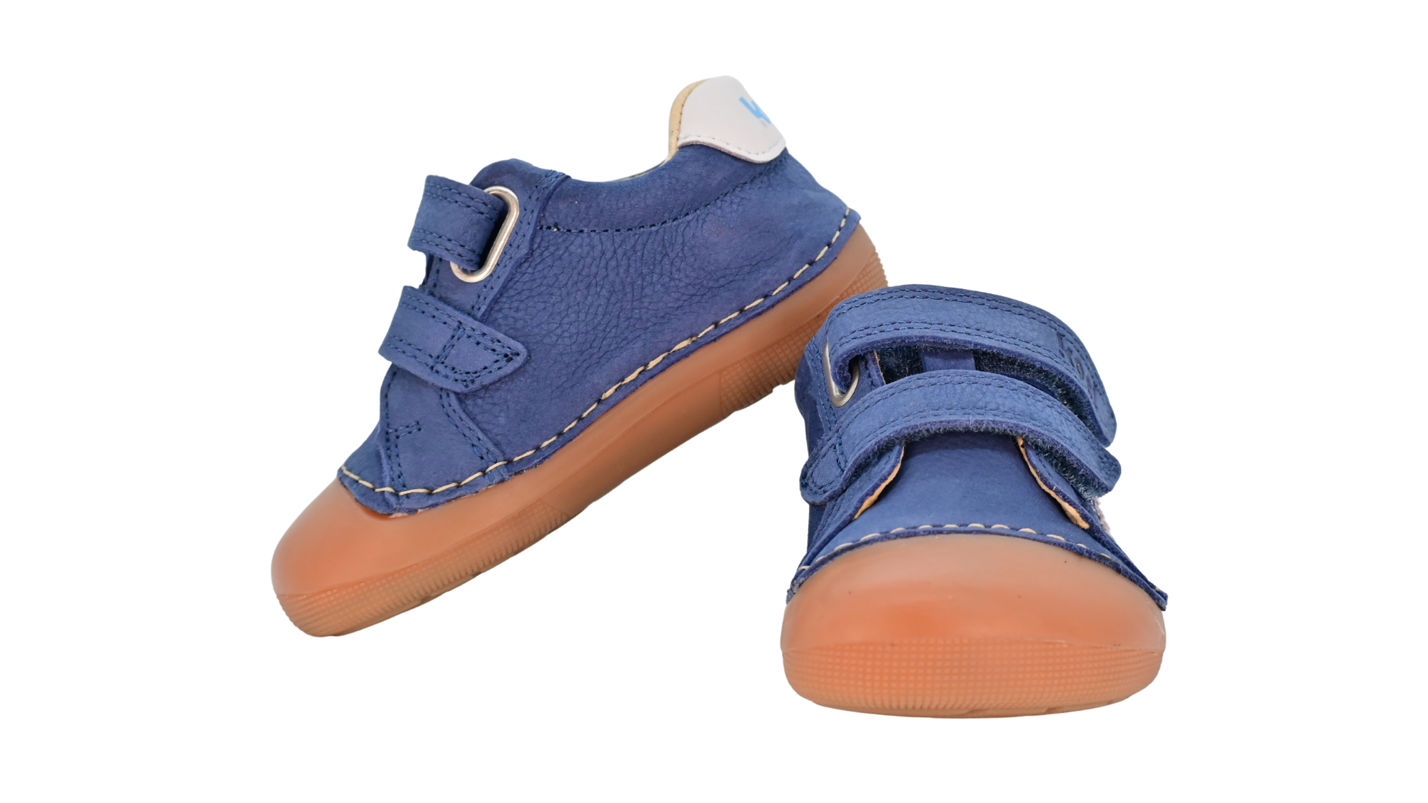 Barfußschuh für Kinder, geschlossene Zehenpartie, geschlossener Fersenbereich, zwei Klettverschlüsse, seitliche Streifen, flache Sohle, Seiten- und Vorderansicht als Paar