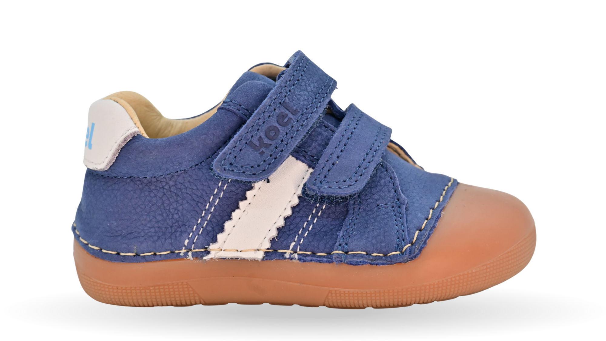 Barfußschuh für Kinder, geschlossene Zehenpartie, geschlossener Fersenbereich, zwei Klettverschlüsse, seitliche Streifen, flache Sohle, Seitenansicht außen