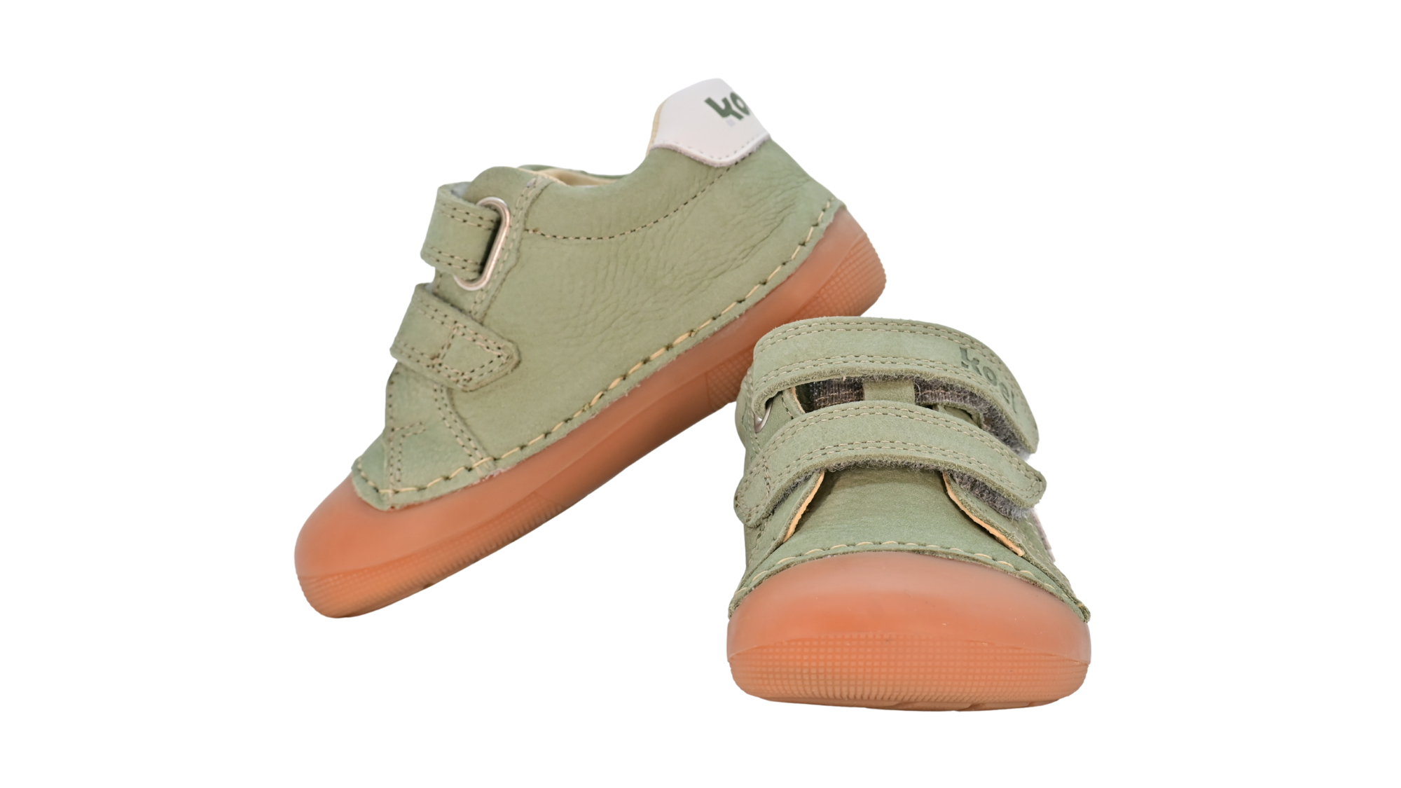 Barfußschuh für Kinder, geschlossene Zehenpartie, geschlossener Fersenbereich, zwei Klettverschlüsse, seitliche Streifen, flache Sohle, Seiten- und Vorderansicht als Paar