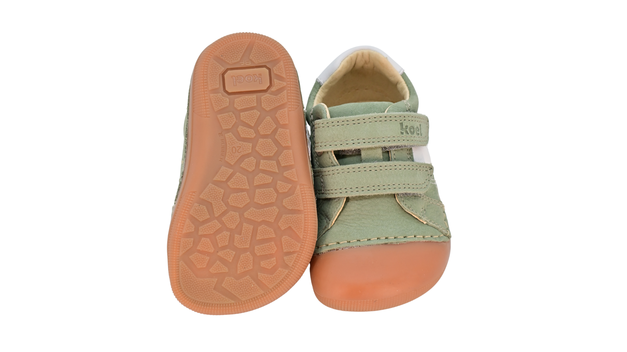 Barfußschuh für Kinder, geschlossene Zehenpartie, geschlossener Fersenbereich, zwei Klettverschlüsse, seitliche Streifen, flache Sohle, Ansicht von unten und Draufsicht als Paar