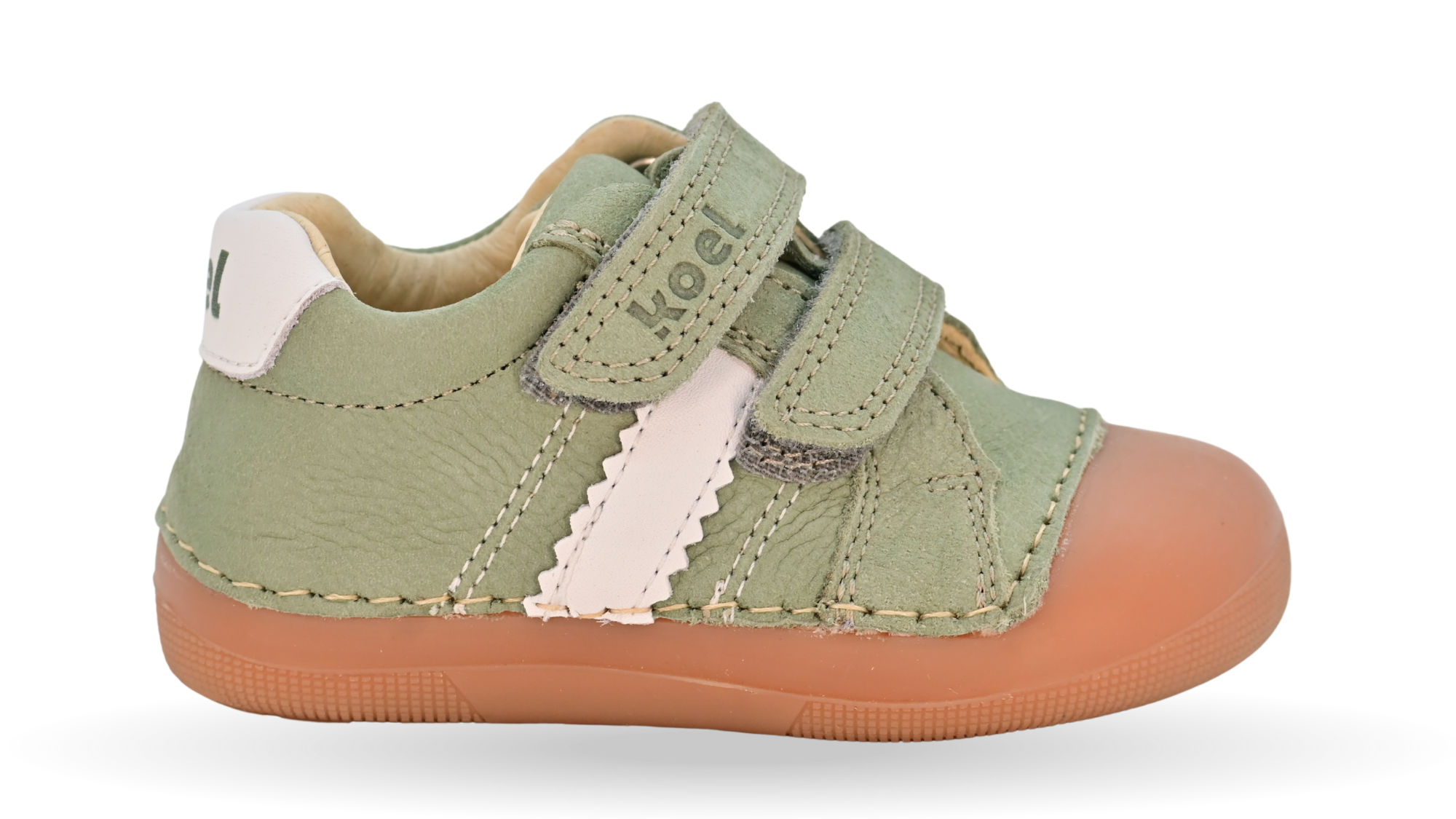Barfußschuh für Kinder, geschlossene Zehenpartie, geschlossener Fersenbereich, zwei Klettverschlüsse, seitliche Streifen, flache Sohle, Seitenansicht außen