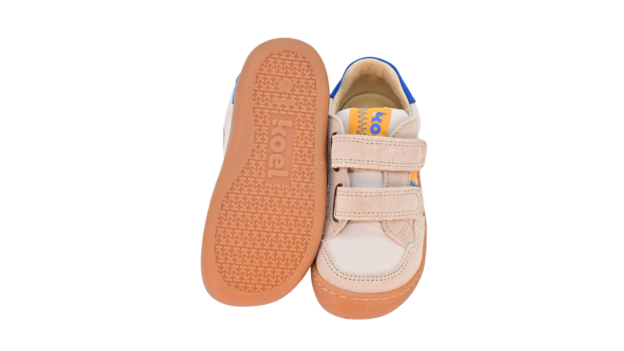 Barfußschuh für Kinder, geschlossene Zehenpartie, geschlossener Fersenbereich, zwei Klettverschlüsse, seitliche Streifen, Ziernähte im Seitenbereich, flache Sohle, Ansicht von unten und Draufsicht, Paar