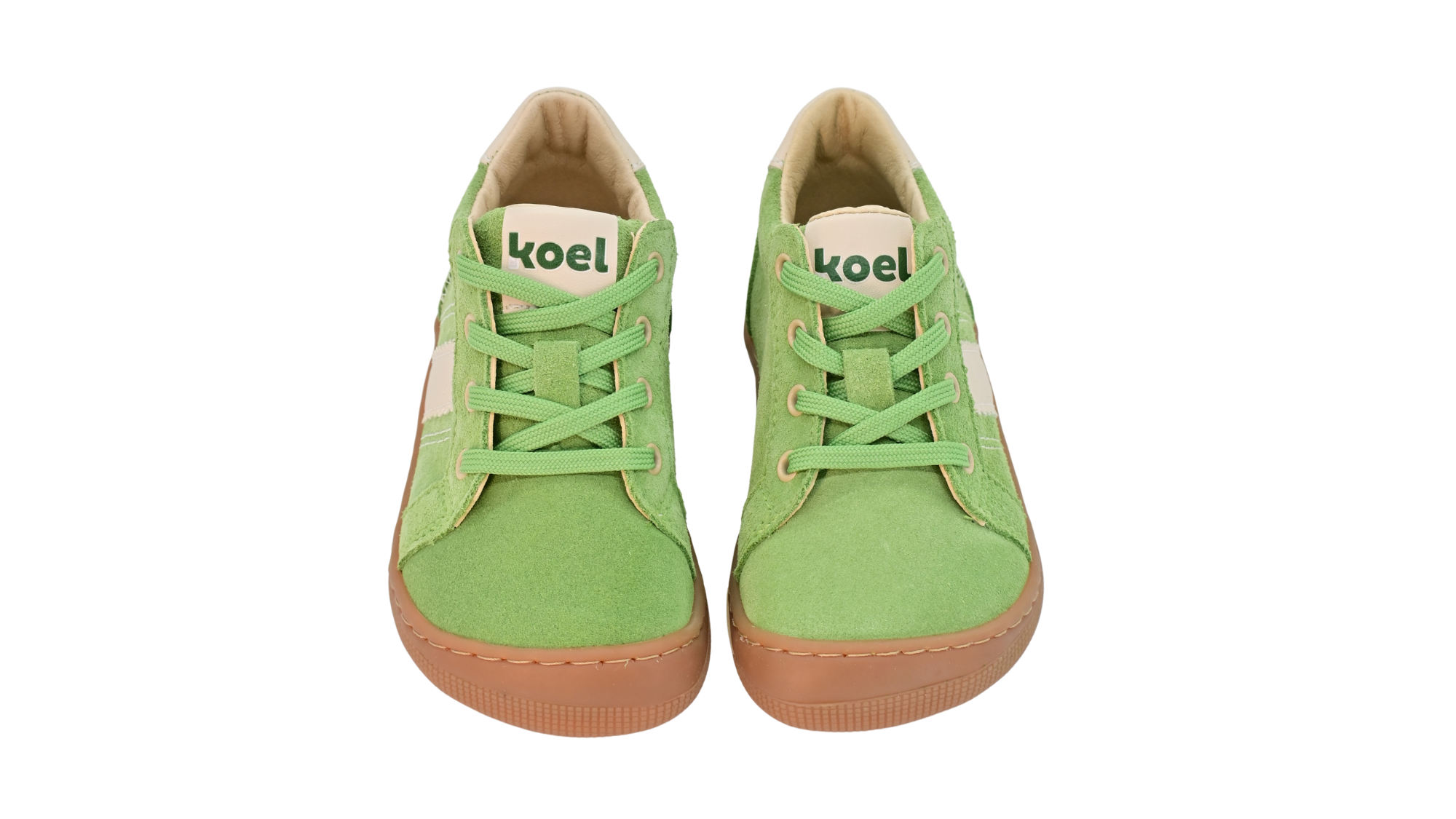 Barfußschuh für Kinder, geschlossene Zehenpartie, geschlossener Fersenbereich, Schnürung, seitliche Streifen, flache Sohle, Draufsicht als Paar