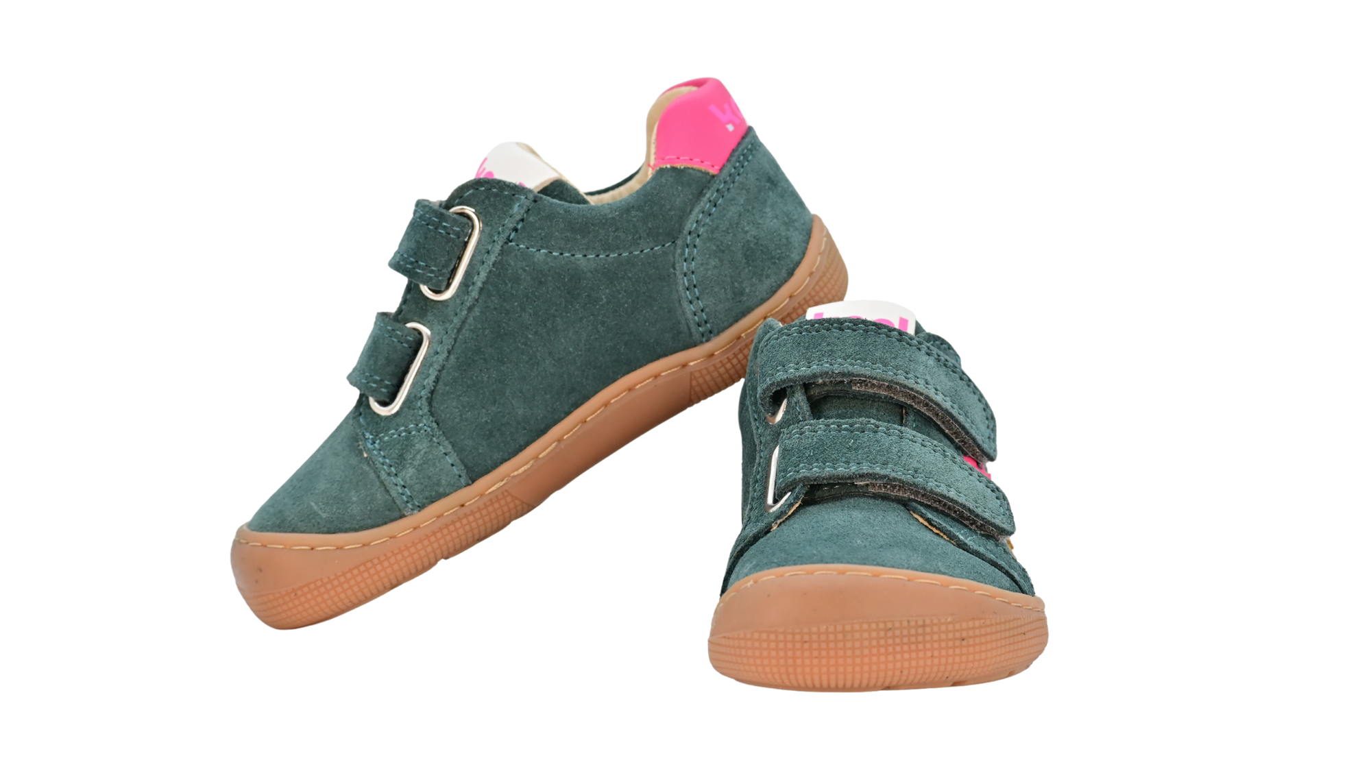 Barfußschuh für Kinder, geschlossene Zehenpartie, geschlossener Fersenbereich, zwei Klettverschlüsse, seitliche Streifen, flache Sohle, Seiten- ubd Vorderansicht als Paar