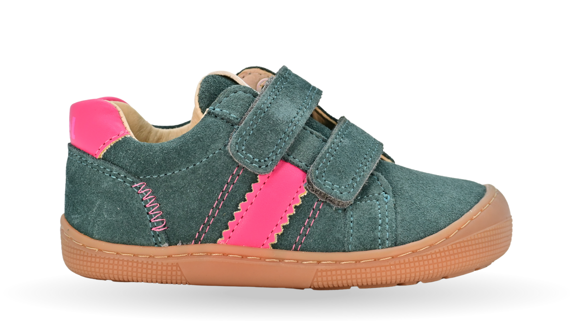 Barfußschuh für Kinder, geschlossene Zehenpartie, geschlossener Fersenbereich, zwei Klettverschlüsse, seitliche Streifen, flache Sohle, Seitenansicht außen