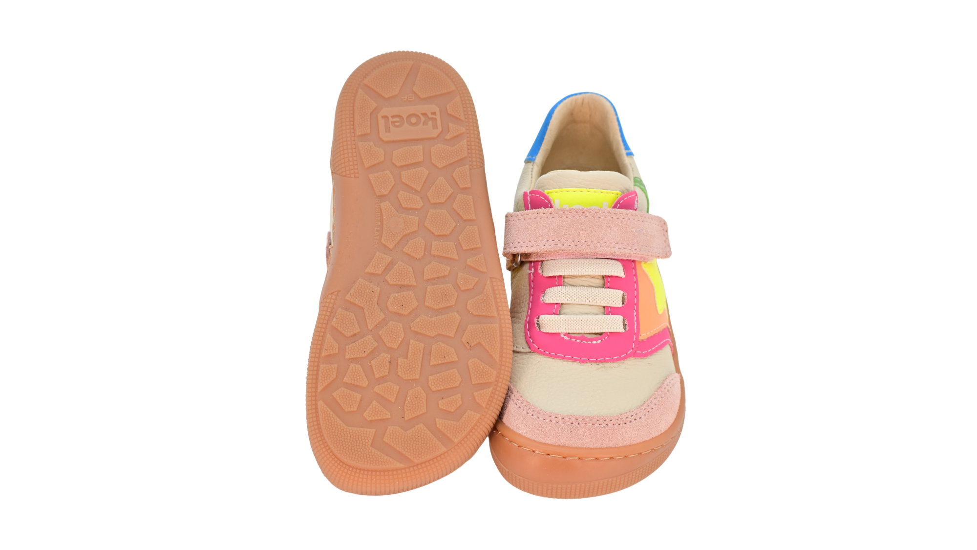 Barfußschuh für Kinder, geschlossene Zehenpartie, geschlossener Fersenbereich, Schnürung, Klettverschluss, seitliche Applikation in Sternform, flache Sohle, Ansicht von unten und Draufsicht, Paar