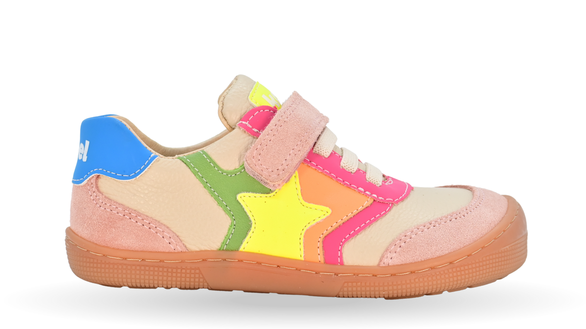 Barfußschuh für Kinder, geschlossene Zehenpartie, geschlossener Fersenbereich, Schnürung, Klettverschluss, seitliche Applikation in Sternform, flache Sohle, Seitenansicht außen