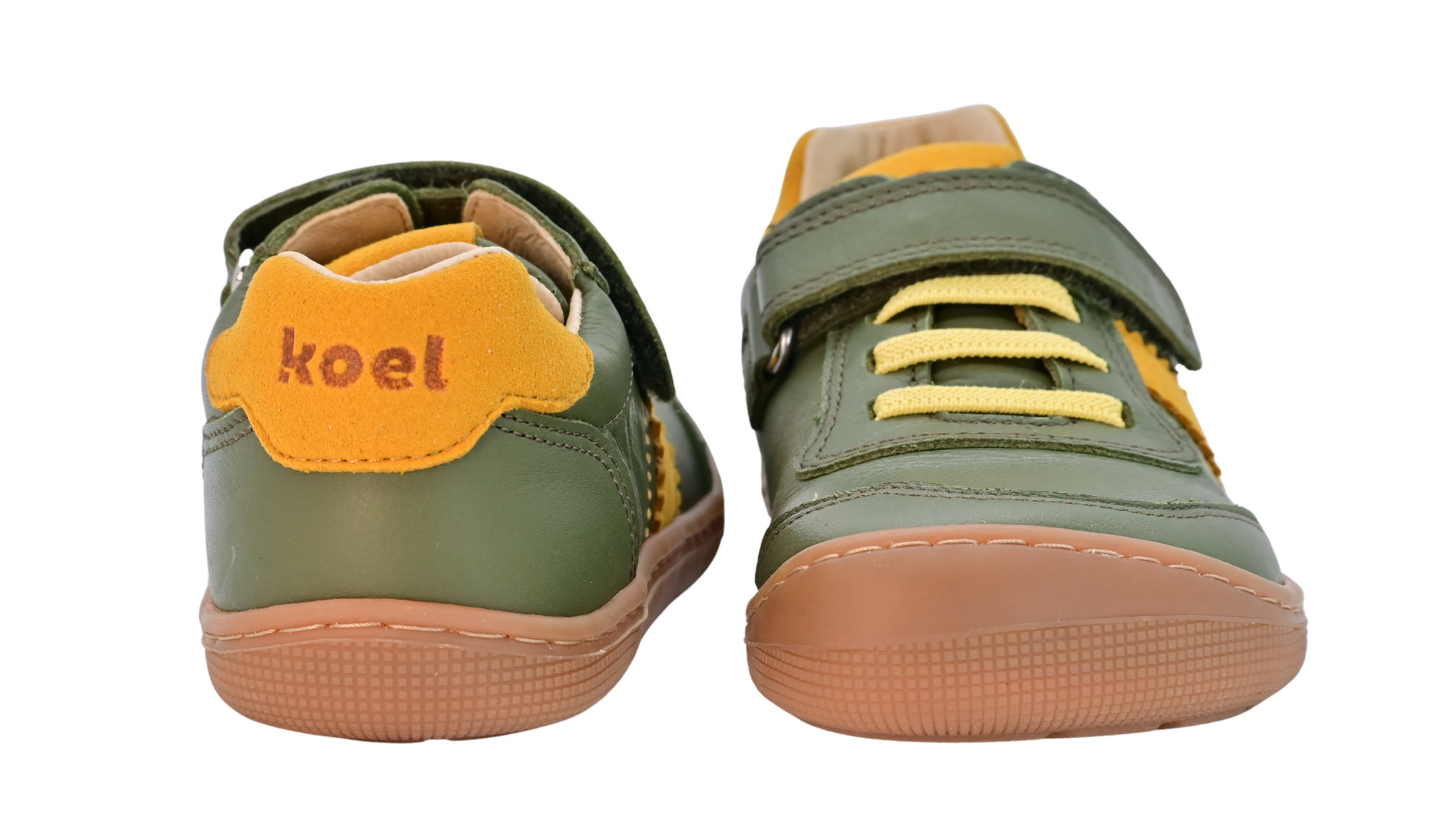 Barfußschuh für Kinder, geschlossene Zehenpartie, geschlossener Fersenbereich, Schnürung, Klettverschluss, seitliche Streifen, flache Sohle, Vorder- und Rückansicht als Paar