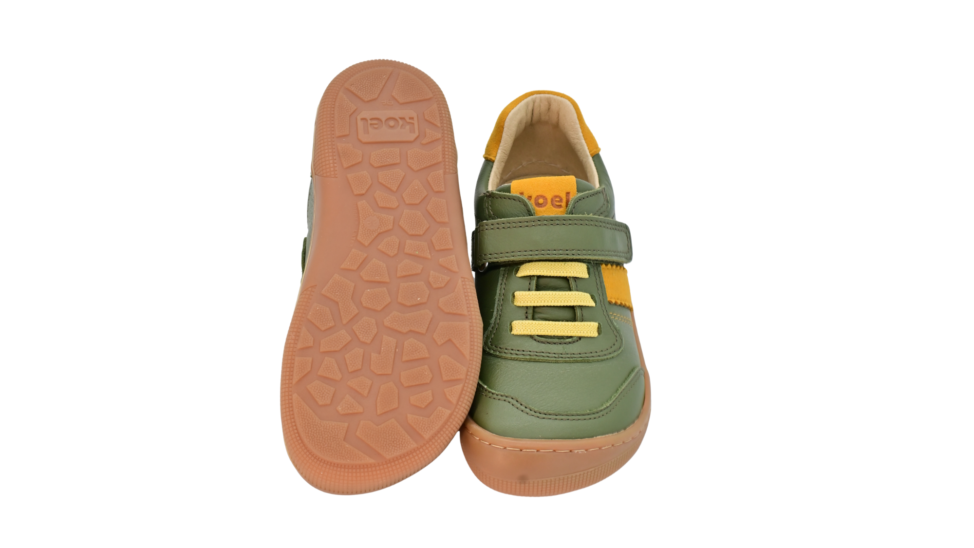 Barfußschuh für Kinder, geschlossene Zehenpartie, geschlossener Fersenbereich, Schnürung, Klettverschluss, seitliche Streifen, flache Sohle, Ansicht von unten und Draufsicht als Paar