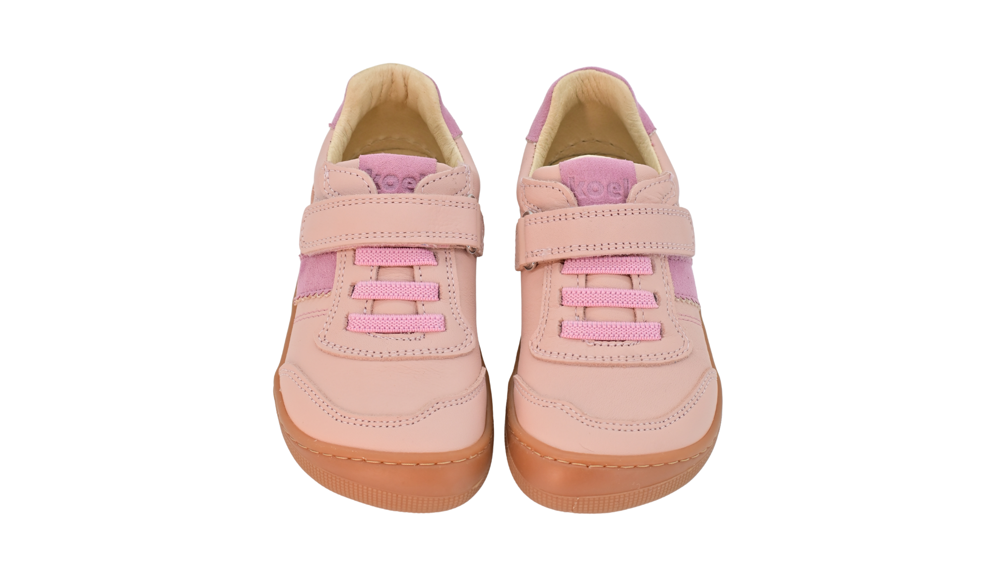 Barfußschuh für Kinder, geschlossene Zehenpartie, geschlossener Fersenbereich, Schnürung, Klettverschluss, seitliche Streifen, flache Sohle, Draufsicht als Paar