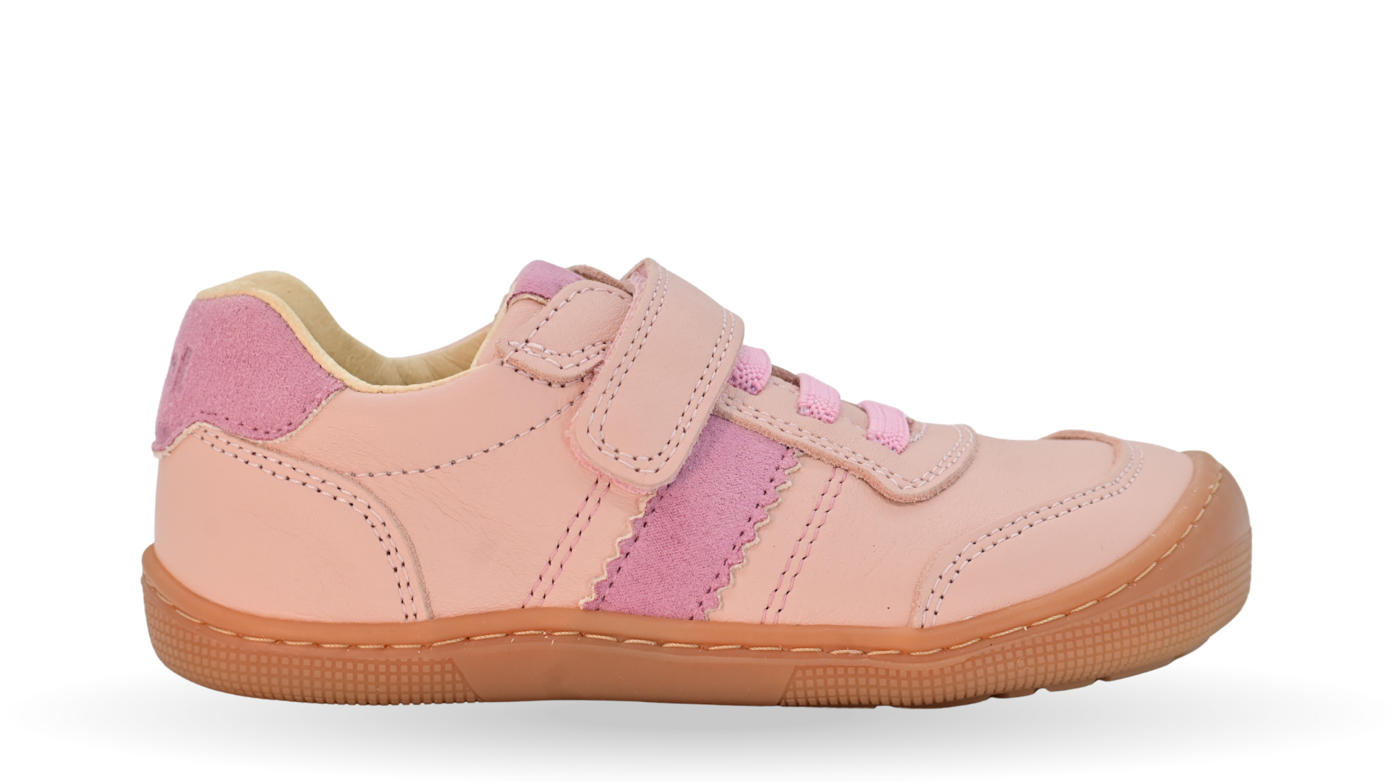 Barfußschuh für Kinder, geschlossene Zehenpartie, geschlossener Fersenbereich, Schnürung, Klettverschluss, seitliche Streifen, flache Sohle, Seitenansicht außen