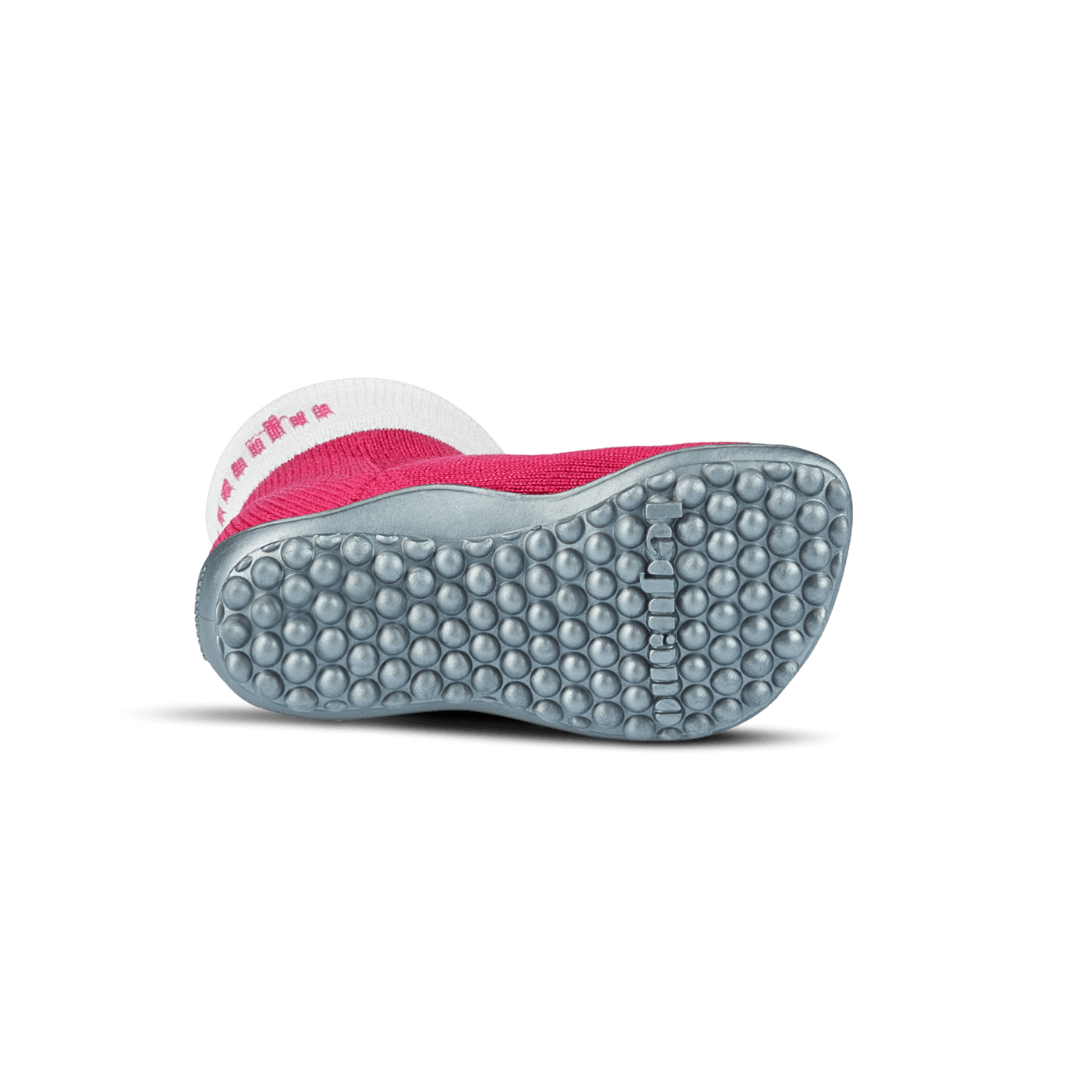 Barfußschuh mit geschlossener Zehenbox und geschlossenem Fersenbereich, elastischer Schaft ohne Verschluss, flexible Sohle mit runden Profilnoppen, Ansicht von unten